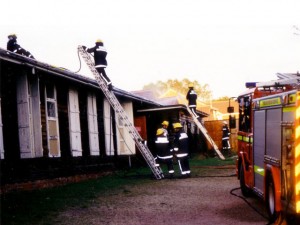 Firefighters attending the original All Saint's Church Hall, Oct 2002